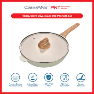 CorningWare VERTA Living Grove Olive 30cm Wok Pan with Lid - Image 2